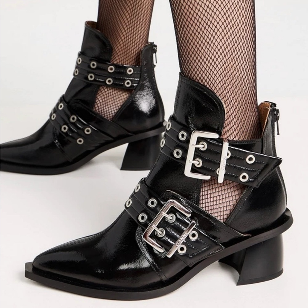 GANNI Black Chunky Buckle Open Cut Boots